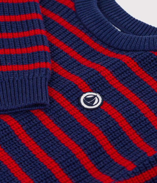 Pull enfant en laine et coton &agrave; rayures bleu/rouge