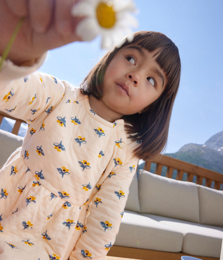 Meisjesjurk met lange mouwen in bedrukte tubic ecru/multicouleur