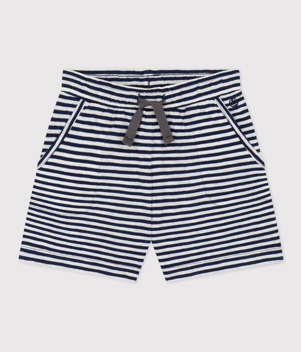 Gestreepte short van gevlamde jerseystof voor meisjes blauw/wit