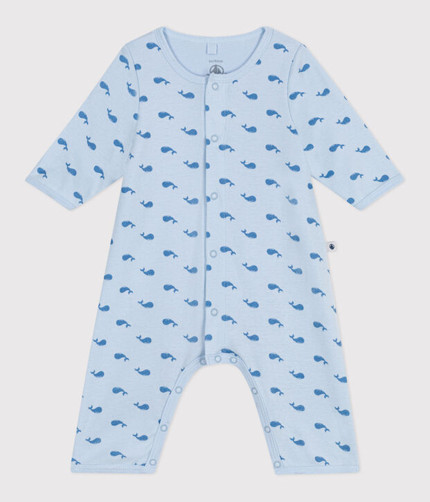 Katoenen bodypyjama zonder voetjes voor baby's met walvisprint blauw/blauw