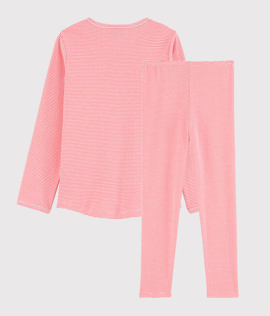Gestreepte milleraie katoenen pyjama voor meisjes roze PEACHY/wit MARSHMALLOW