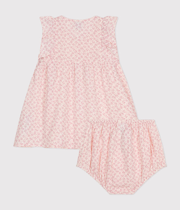 Robe manches courtes et bloomer en gaze de coton b&eacute;b&eacute; &eacute;cru/rose