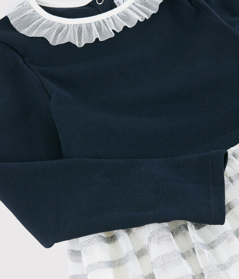 Meisjesjurk met lange mouwen kinderen blauw SMOKING/wit MULTICO