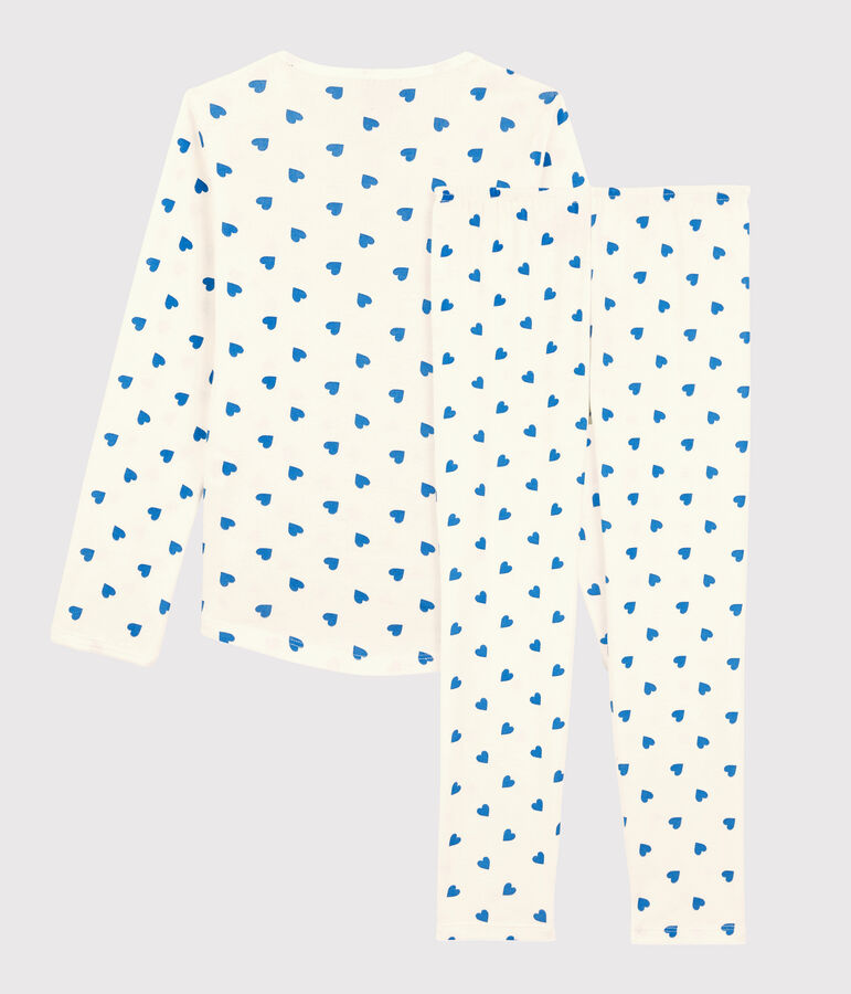 Meisjespyjama met print van blauwe hartjes in katoen wit MARSHMALLOW/blauw BRASIER