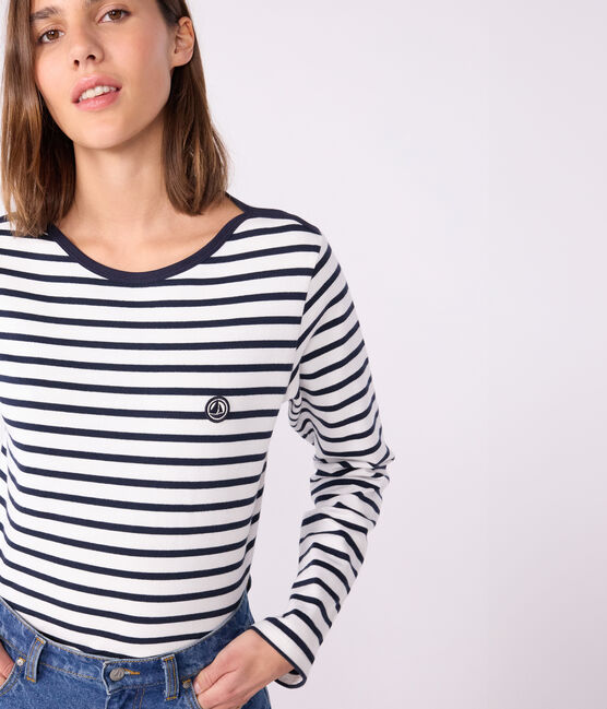 Katoenen marineshirt met lange mouw voor dames wit MARSHMALLOW/blauw SMOKING