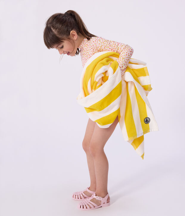 Serviette de plage en coton &eacute;ponge &agrave; rayures jaune/blanc