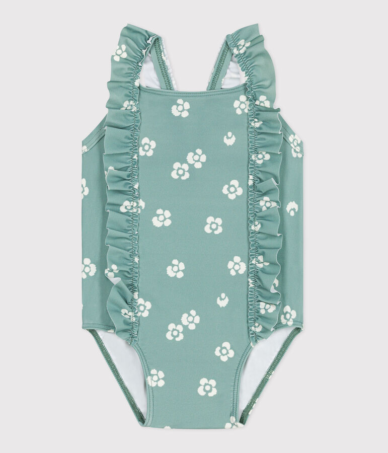 Maillot de bain b&eacute;b&eacute; une pi&egrave;ce &agrave; volants, imprim&eacute; fleuri vert/blanc