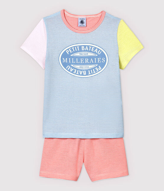 Pyjacourt milleraies colorés petite fille en coton bleu JASMIN/blanc MULTICO
