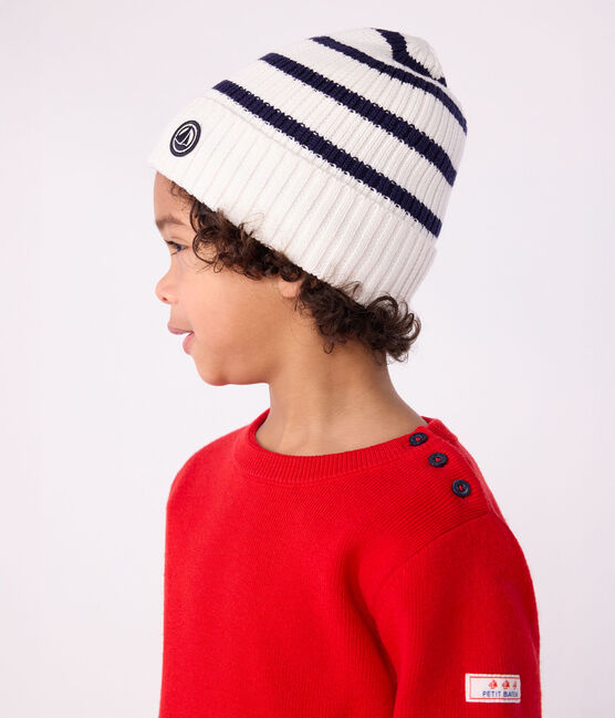 Gebreide gestreepte kindermuts met fleecevoering blauw MARSHMALLOW/ SOIR