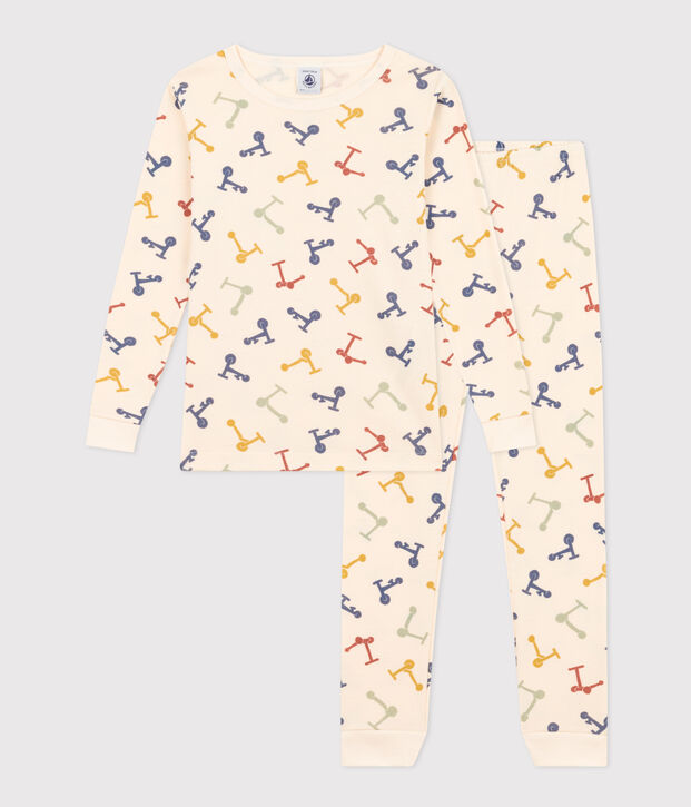 Aansluitende katoenen kinderpyjama met print van een stepje ecru/multicouleur