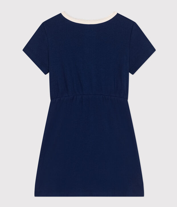 Robe manches courtes en coton enfant fille bleu fonc&eacute;