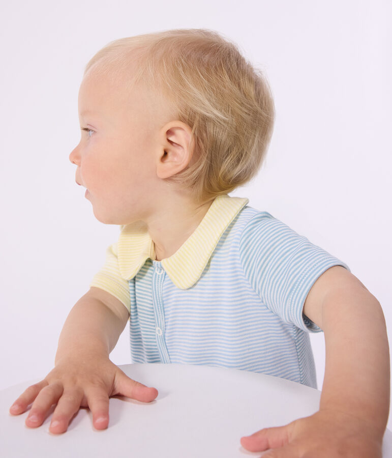 Kort kruippakje van katoen voor baby's met kraag groen/wit