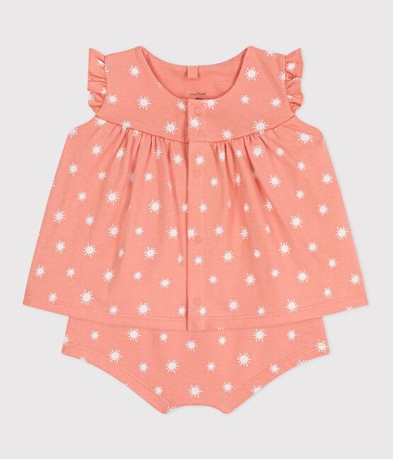 Ensemble naissance deux pièces en coton, imprimé soleils orange ABRICOT/ MARSHMALLOW