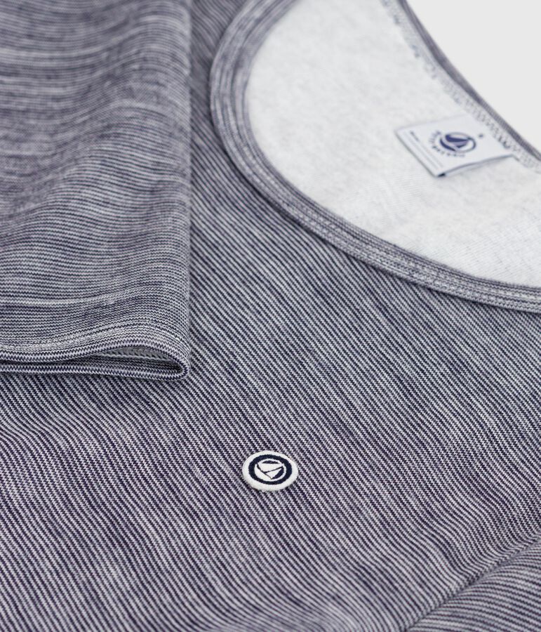 Tee-shirt femme en laine et coton manches longues &agrave; rayures bleu SOIR/ MARSHMALLOW