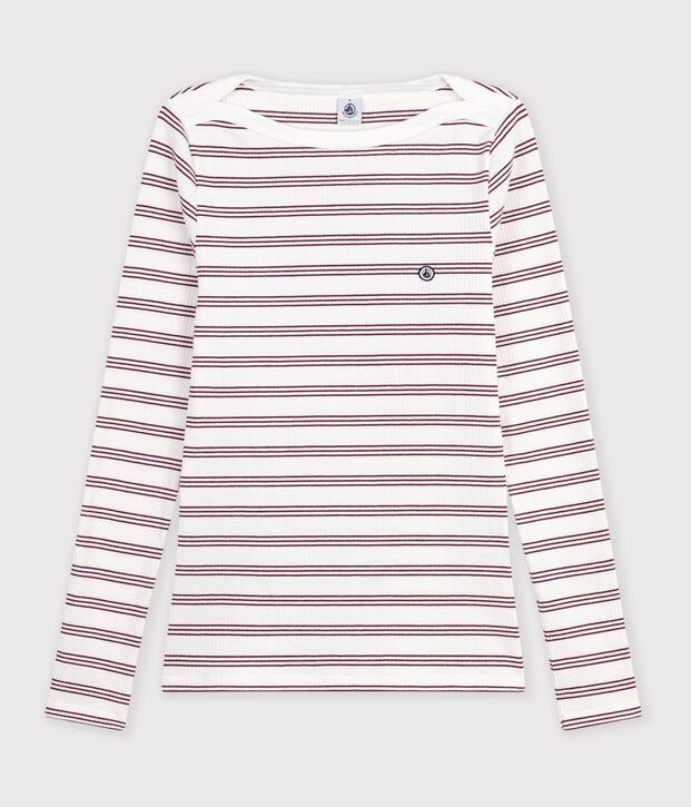 Gestreept katoenen T-shirt met hoge, licht afgeronde halslijn en lange mouwen voor dames wit/rood