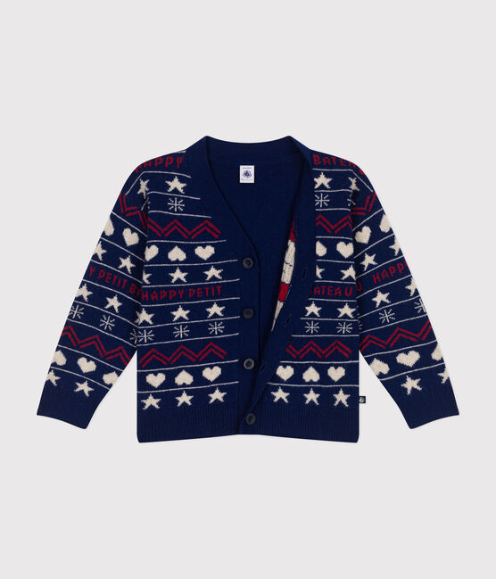 Jacquardgebreid vest in wol/katoen voor jongens blauw MEDIEVAL/wit MULTICO