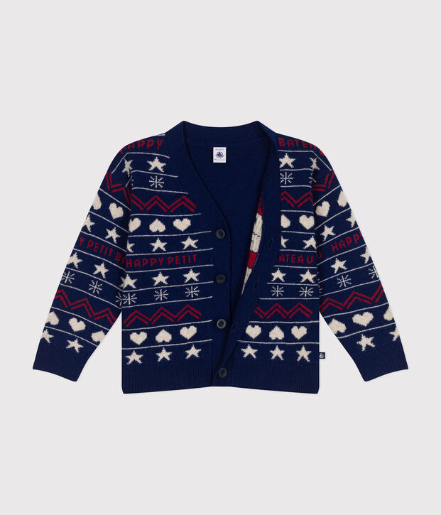 Jacquardgebreid vest in wol/katoen voor jongens blauw/multicouleur