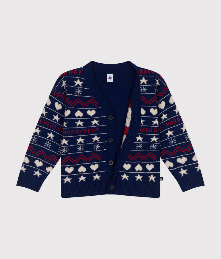 Jacquardgebreid vest in wol/katoen voor jongens blauw/multicouleur