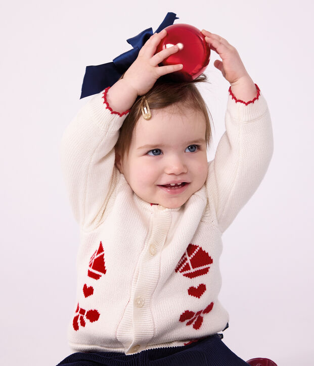 Cardigan b&eacute;b&eacute; en tricot laine et coton et motifs jacquards blanc/rouge