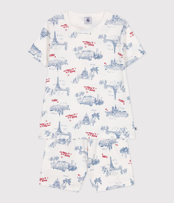 Korte katoenen kinderpyjama met Parijs-print wit MARSHMALLOW/wit MULTICO