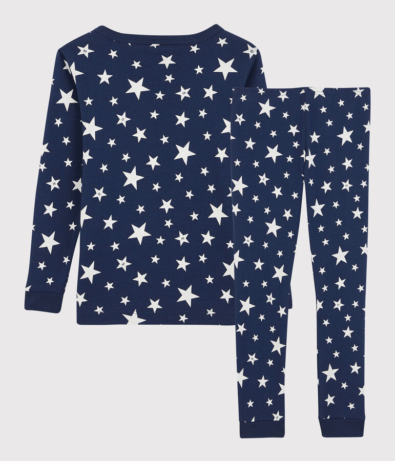 Snugfit pyjama met sterretjes voor kleine jongens in katoen blauw MEDIEVAL/wit MARSHMALLOW