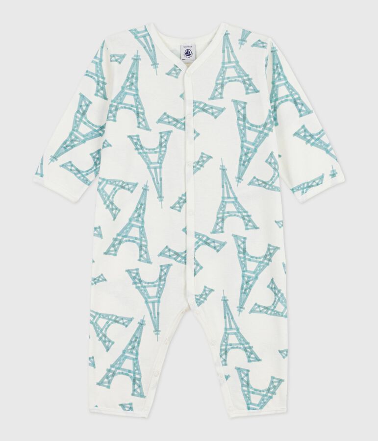 Katoenen babypyjama zonder voetjes met Eiffeltorenprint wit/groen