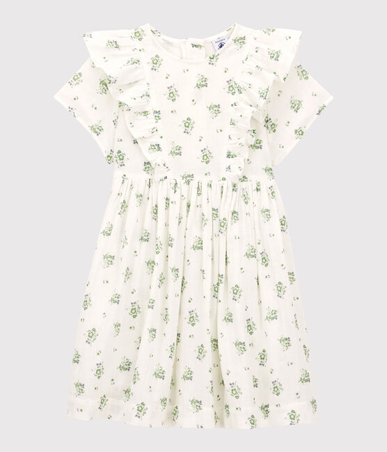 Jurk met print in biokatoenen gaas voor meisjes wit MARSHMALLOW/wit MULTICO