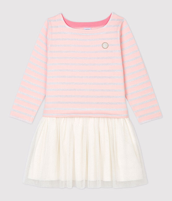 Meisjesjurk met lange mouwen van katoen en tule roze MINOIS/ MARSHMALLOW ARGENT BRILLANT