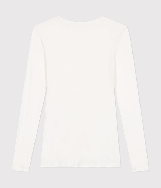 Katoenen dames-T-shirt met lange mouwen en diepe, ronde halsuitsnijding wit