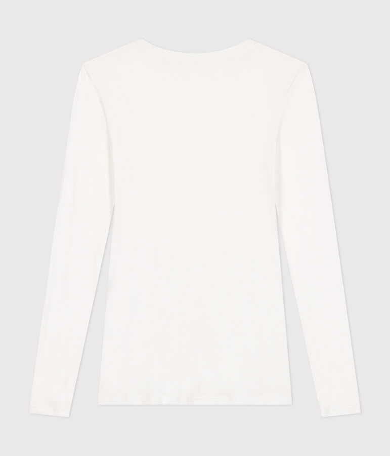 Katoenen dames-T-shirt met lange mouwen en diepe, ronde halsuitsnijding wit