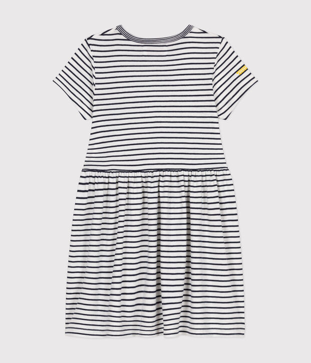 Katoenen meisjesjurk met Monsieur Madame-motiefje wit/blauw