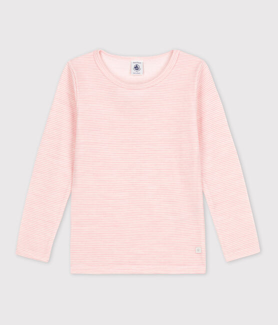 Tee-shirt manches longues milleraies petite fille en laine et coton rose CHARME/blanc MARSHMALLOW