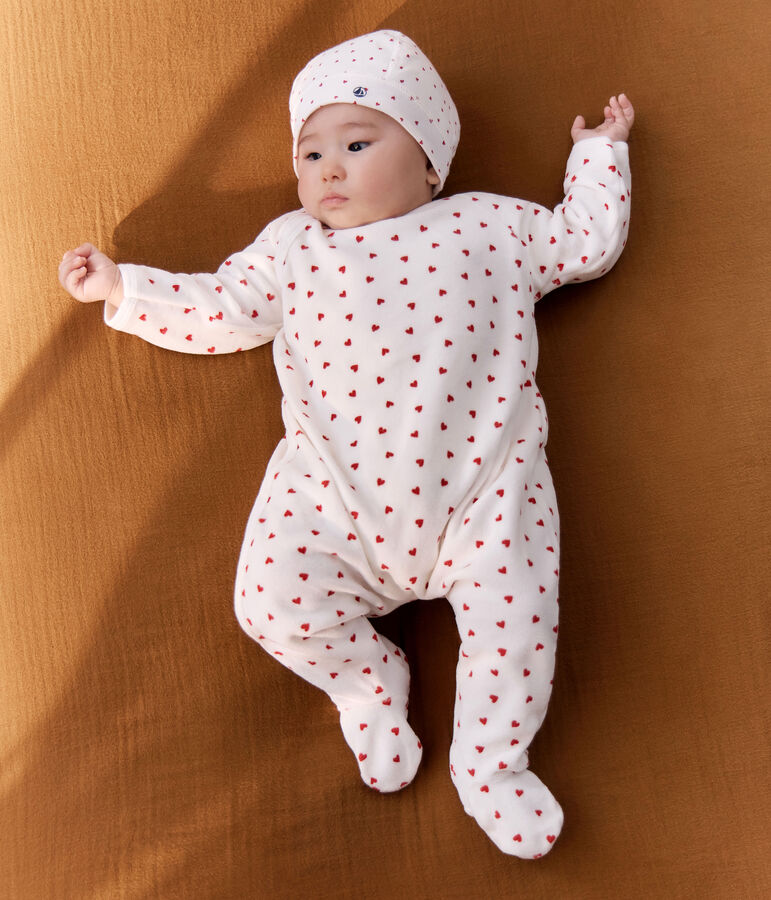 Fluwelen babypyjama met hartjesprint wit/rood