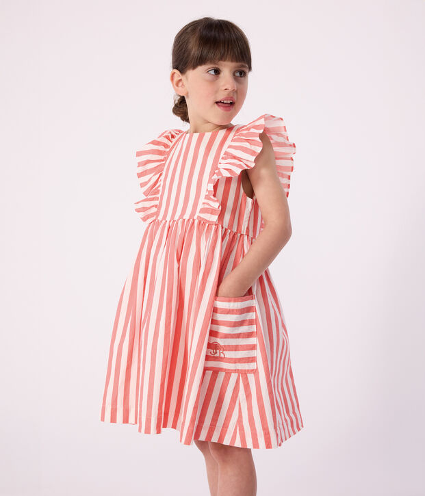Robe sans manches enfant en coton &agrave; rayures rose/blanc