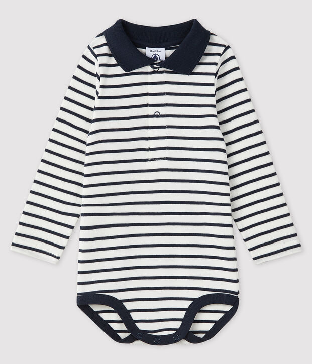Rompertje lange mouwen babyjongen wit/blauw