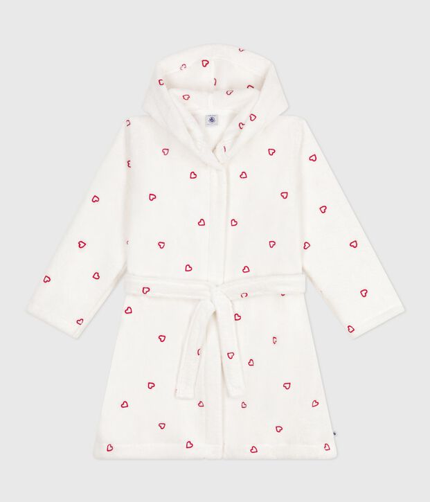 Peignoir enfant en coton &eacute;ponge c&oelig;urs brod&eacute;s blanc/rouge