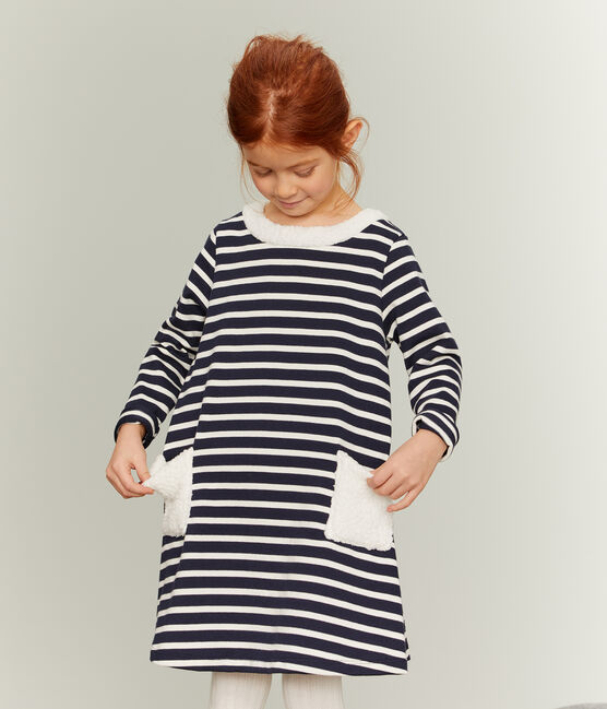 Robe manches longues enfant fille bleu SMOKING/beige COQUILLE