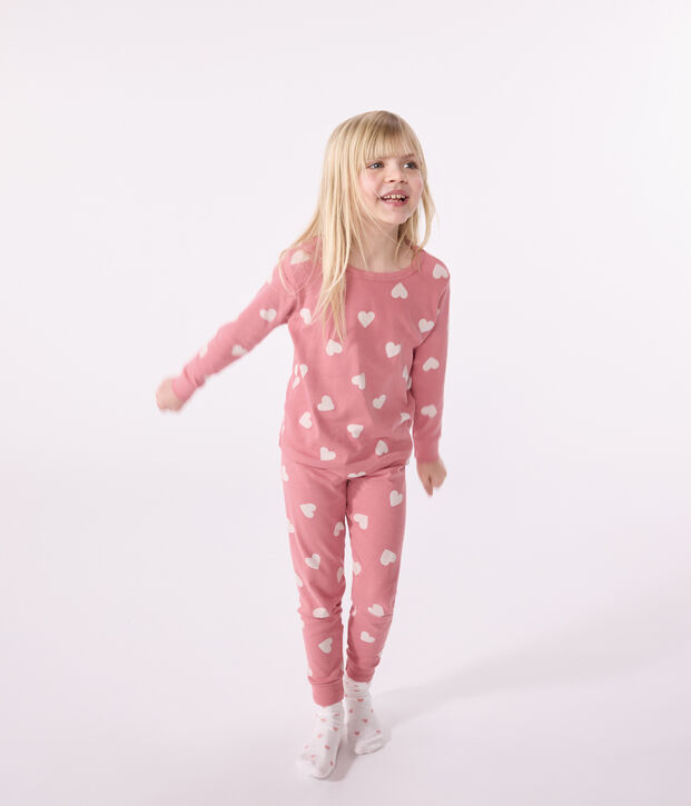 Pyjama en coton imprim&eacute; motif c&oelig;ur enfant rose/blanc