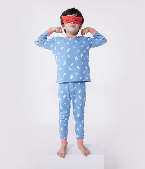 Korte lichtgevende verkleedpyjama van katoen met cape voor kinderen blauw ALASKA/wit MULTICO