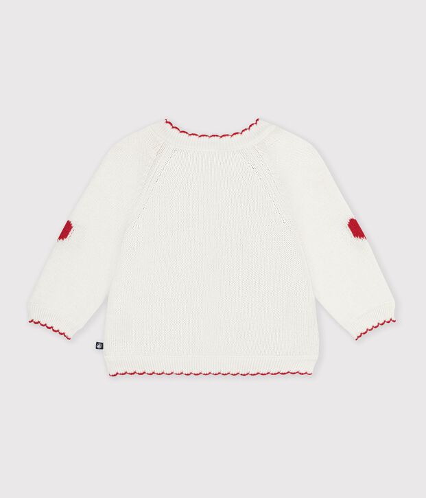 Cardigan b&eacute;b&eacute; en tricot laine et coton et motifs jacquards blanc/rouge