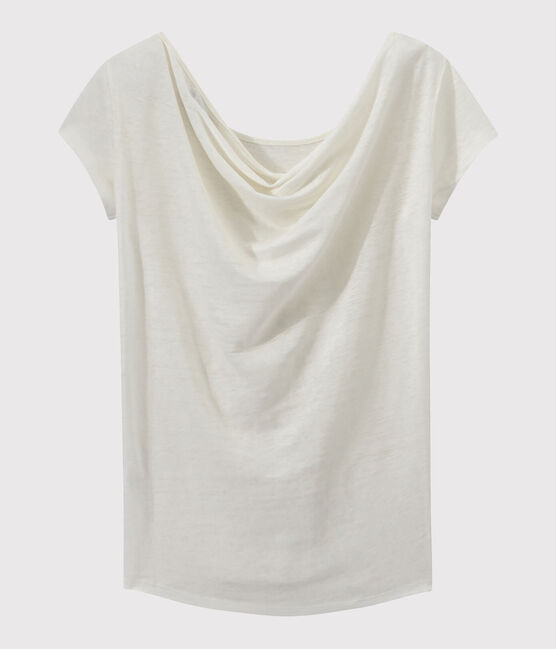 Linnen dames-T-shirt met wijde ruguitsnijding en iriserend effect wit LAIT/geel OR