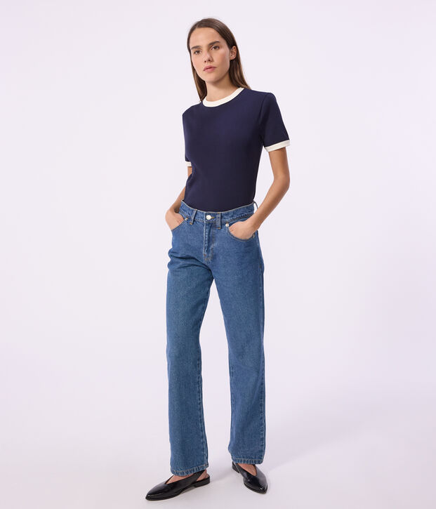 Tee-shirt femme en coton manches courtes uni bleu marine