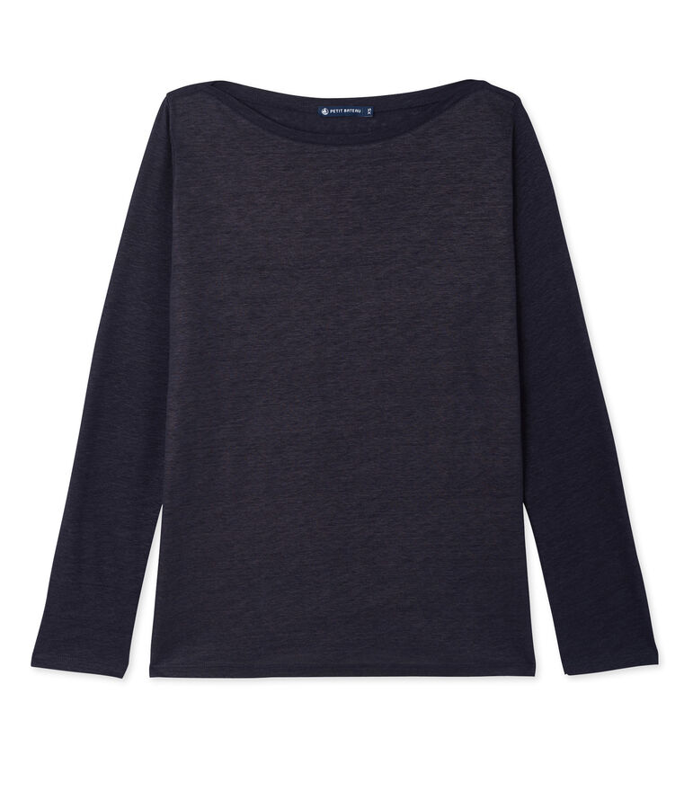 Dames T-shirt met lange mouwen in gelakt linnen blauw SMOKING/blauw BRILLANT