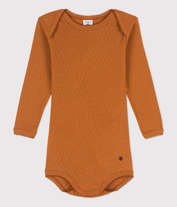 Body met lange mouwen met opengewerkt breiwerk voor baby's bruin