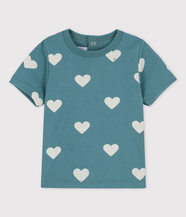 T-shirt met korte mouwen van katoen met hartjesprint voor baby's groen/ecru