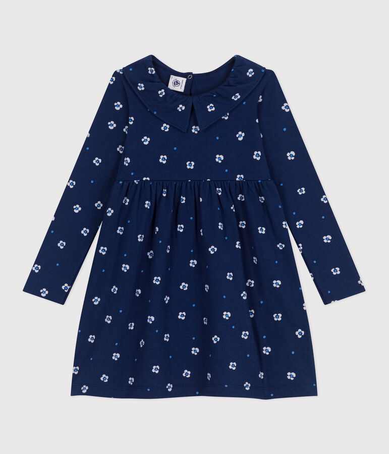 Robe enfant en coton manches longues fleurie bleu/multicouleur