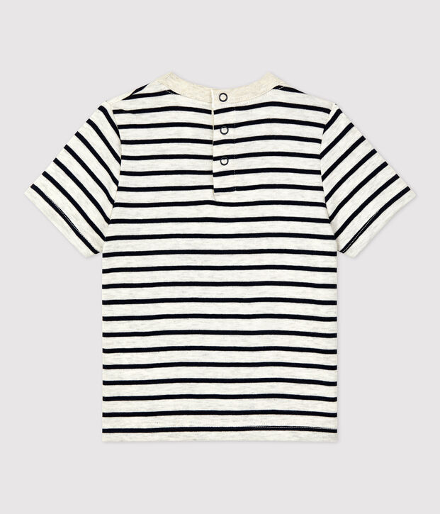 Tee-shirt manches courtes ray&eacute; en coton b&eacute;b&eacute; beige/bleu