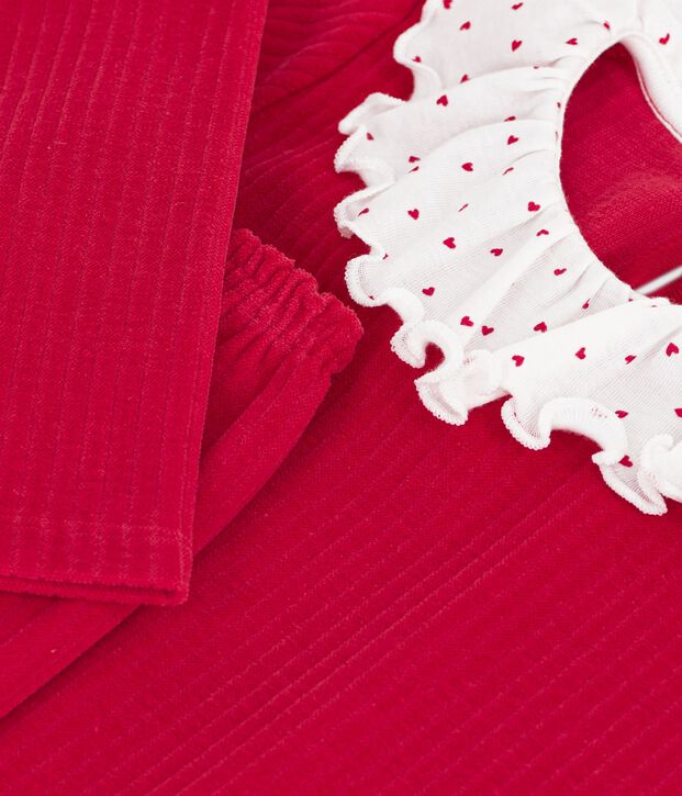 Effen fluwelen kinderpyjama van ribstof met kraagje rood