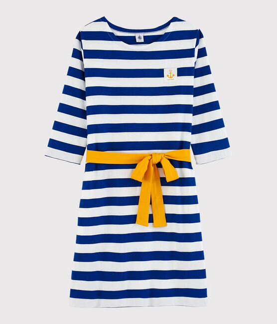 Gestreepte jurk met lange mouwen Dames blauw SURF/wit MARSHMALLOW