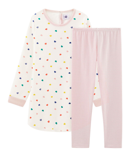 Meisjesnachthemd met lange mouwen van dubbelzijdig jersey met hartjes wit MARSHMALLOW/wit MULTICO